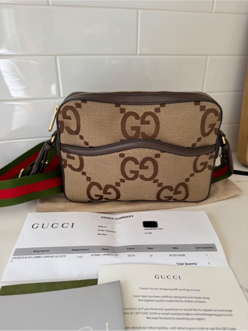 Gucci Brown/Beige GG Canvas Messenger Bag with Green-Red Strap